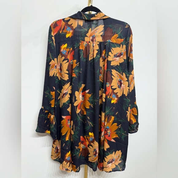 Umgee Size L Black Midi Dress with Orange and Yellow Floral Design V-Neck Flare - Picture 3 of 8